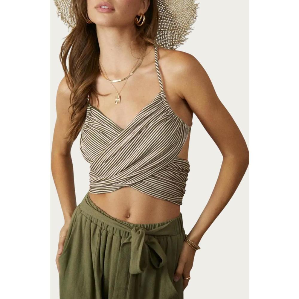 NEW ENDLESS BLU. wrap open-back crop top in dusty sage